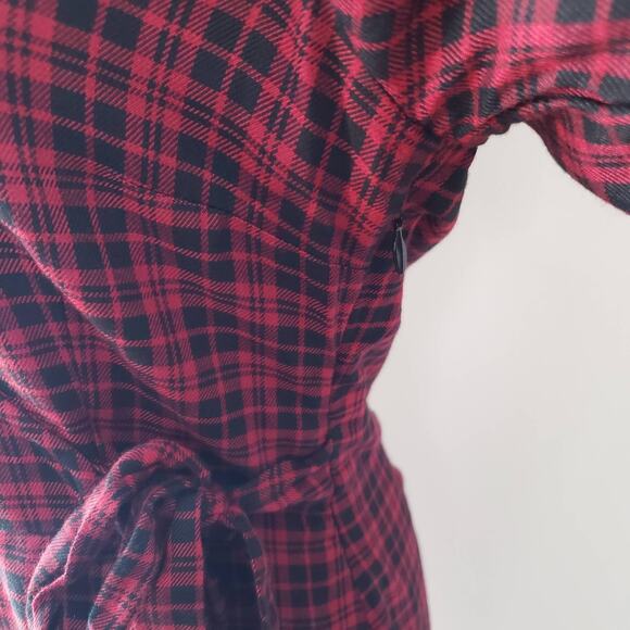 NWT Sanctuary Upbeat Faux Wrap Red Plaid Surplice V-Neck A-Line Mini Dress 8 - Picture 8 of 14